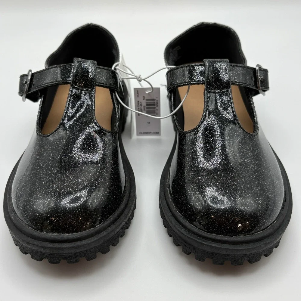 Old Navy Girls Black Glitter Glam Patent Leather Buckle Mary Jane's Size 12